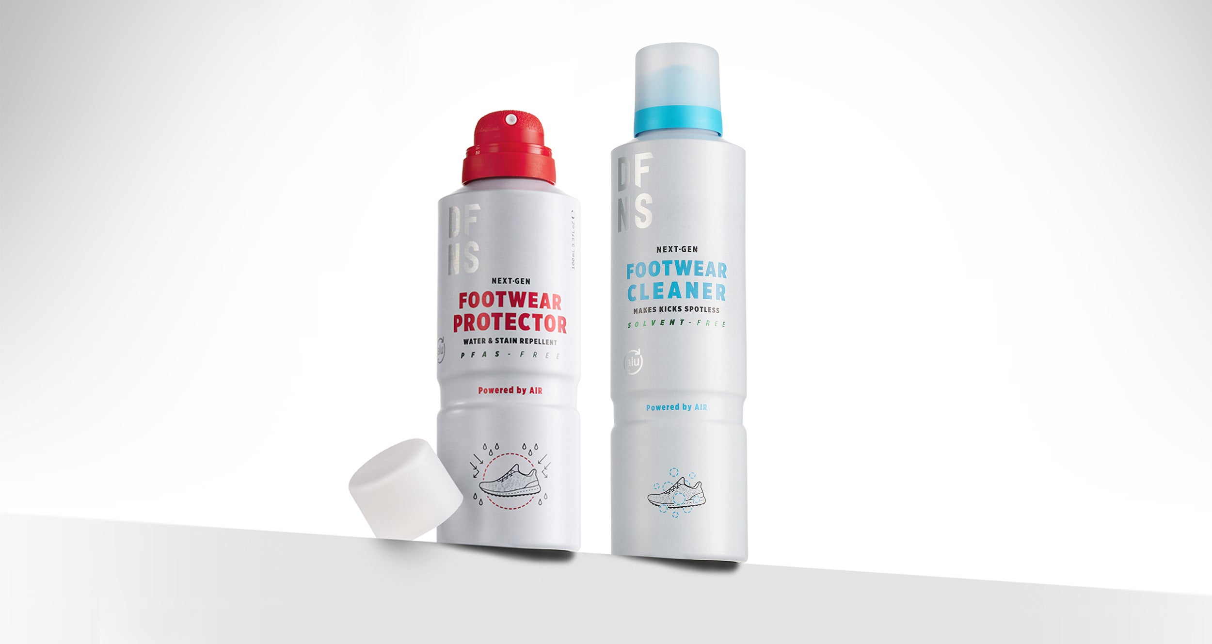DFNS Footwear Protector and Cleaner sprays on minimal gradient background
