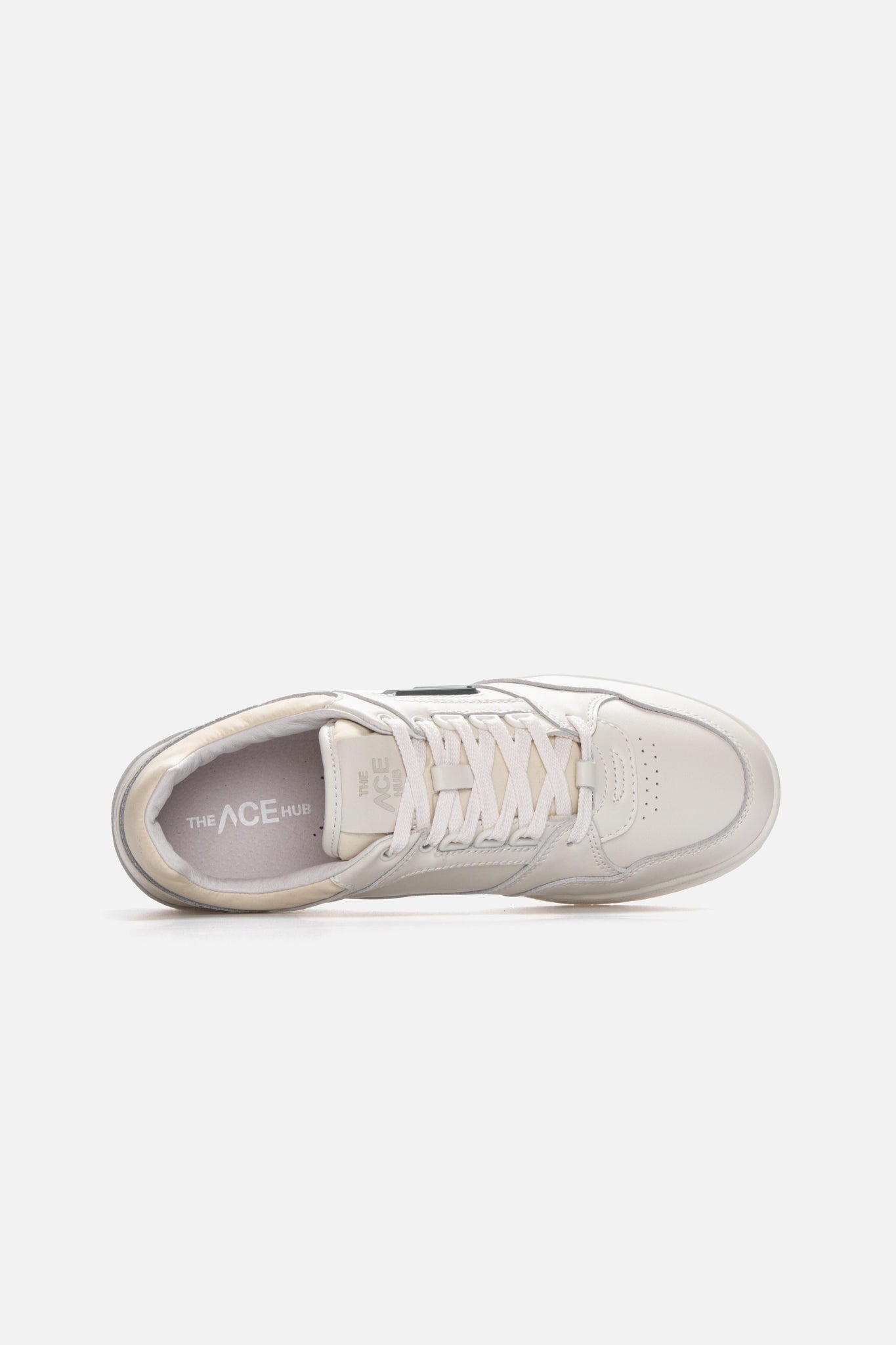 Top view of The ACE Hub Sprint sneaker in off-white and cucumber leather with fluffy laces