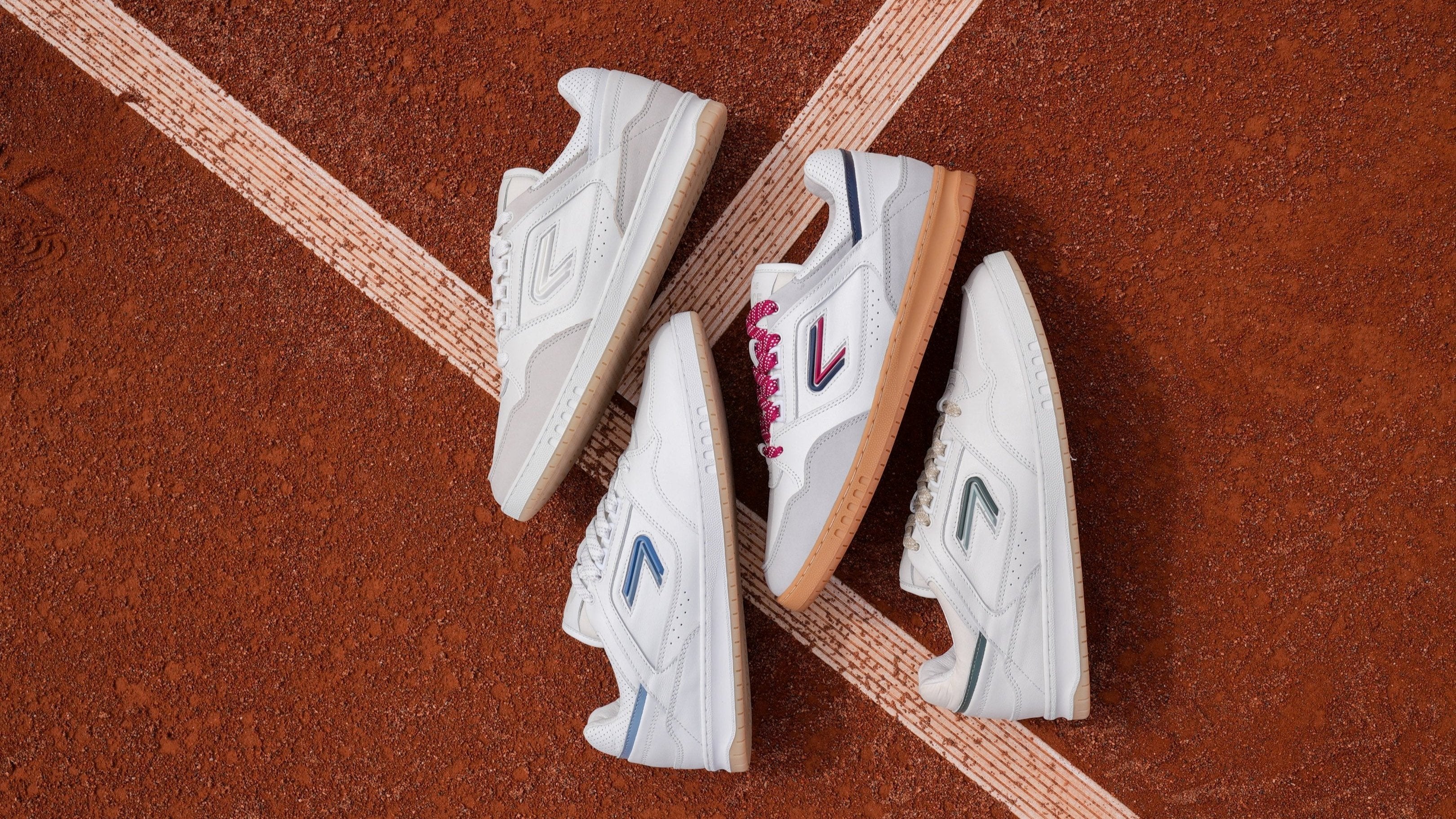 The ACE Hub Sprint sneakers in four colorways, displayed on red clay tennis court

