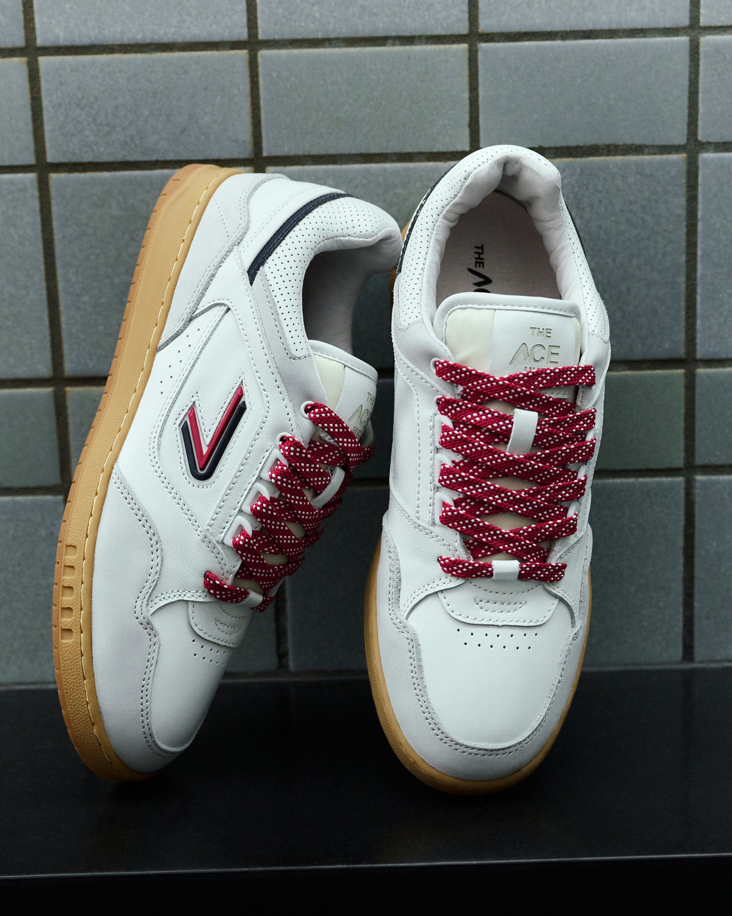 The ACE Sprint low-top sneaker in white leather, gum sole and red tennis-style laces

