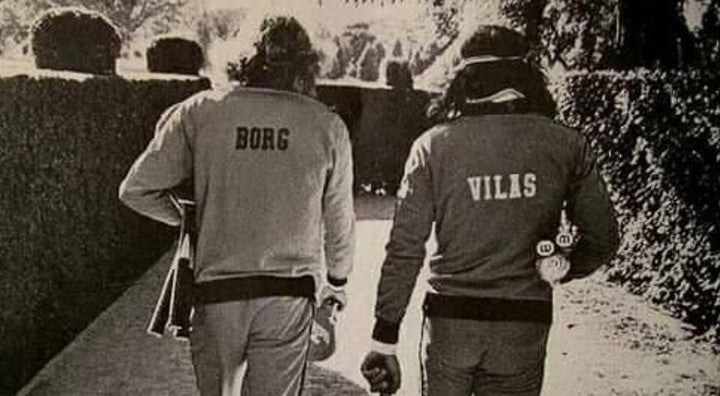 Old black and white photo of Guillermo Vilas and Björn Borg