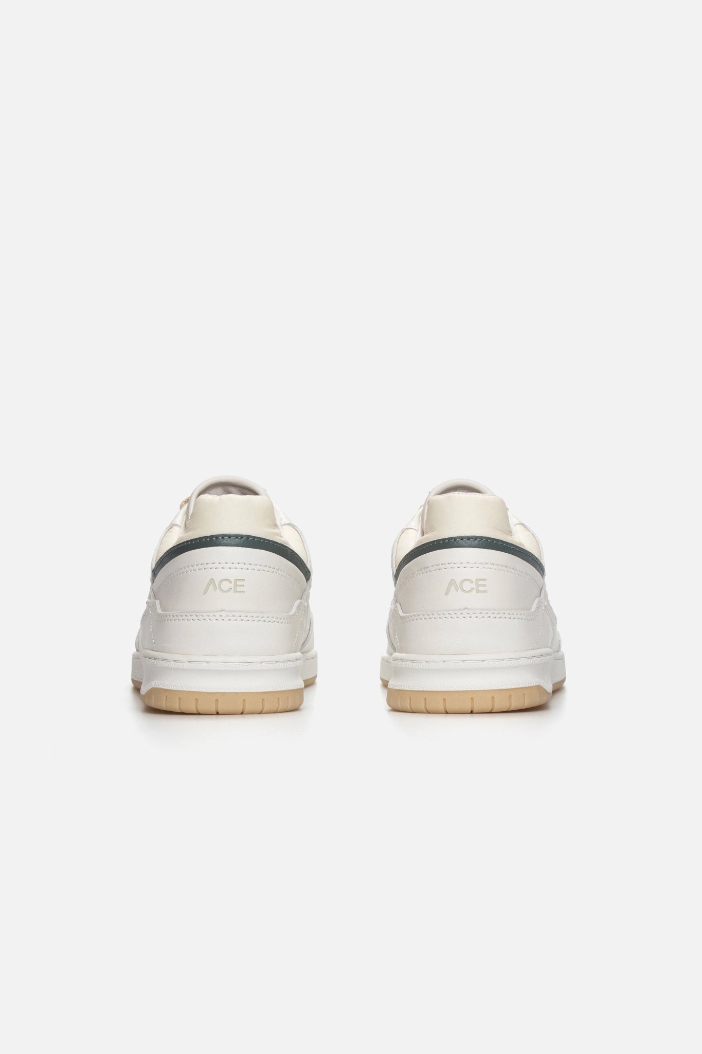 back view of The ACE Hub Sprint sneaker in off-white and cucumber leather on white background