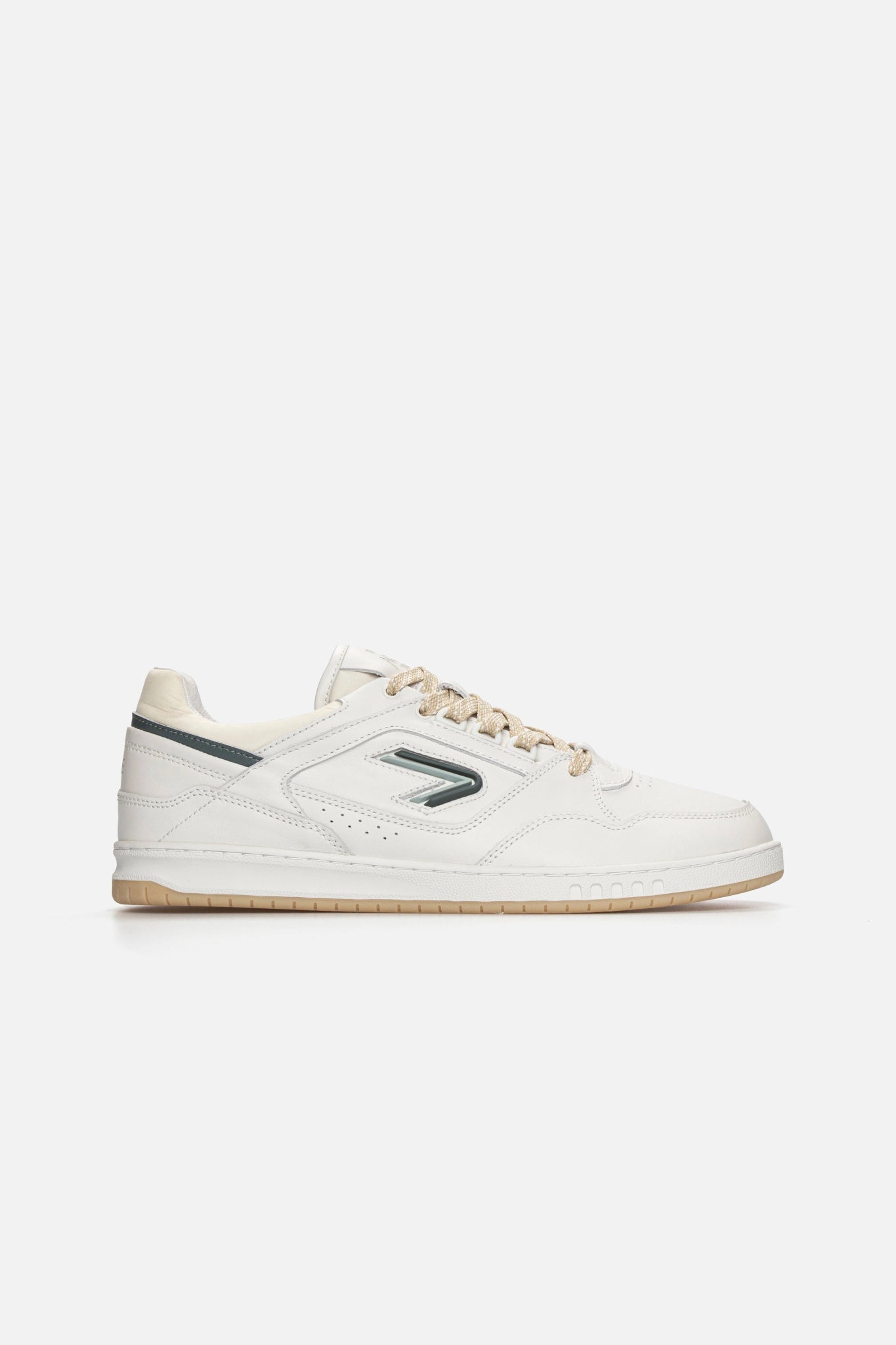 Side view of The ACE Hub Sprint sneaker in off-white and cucumber leather on white background