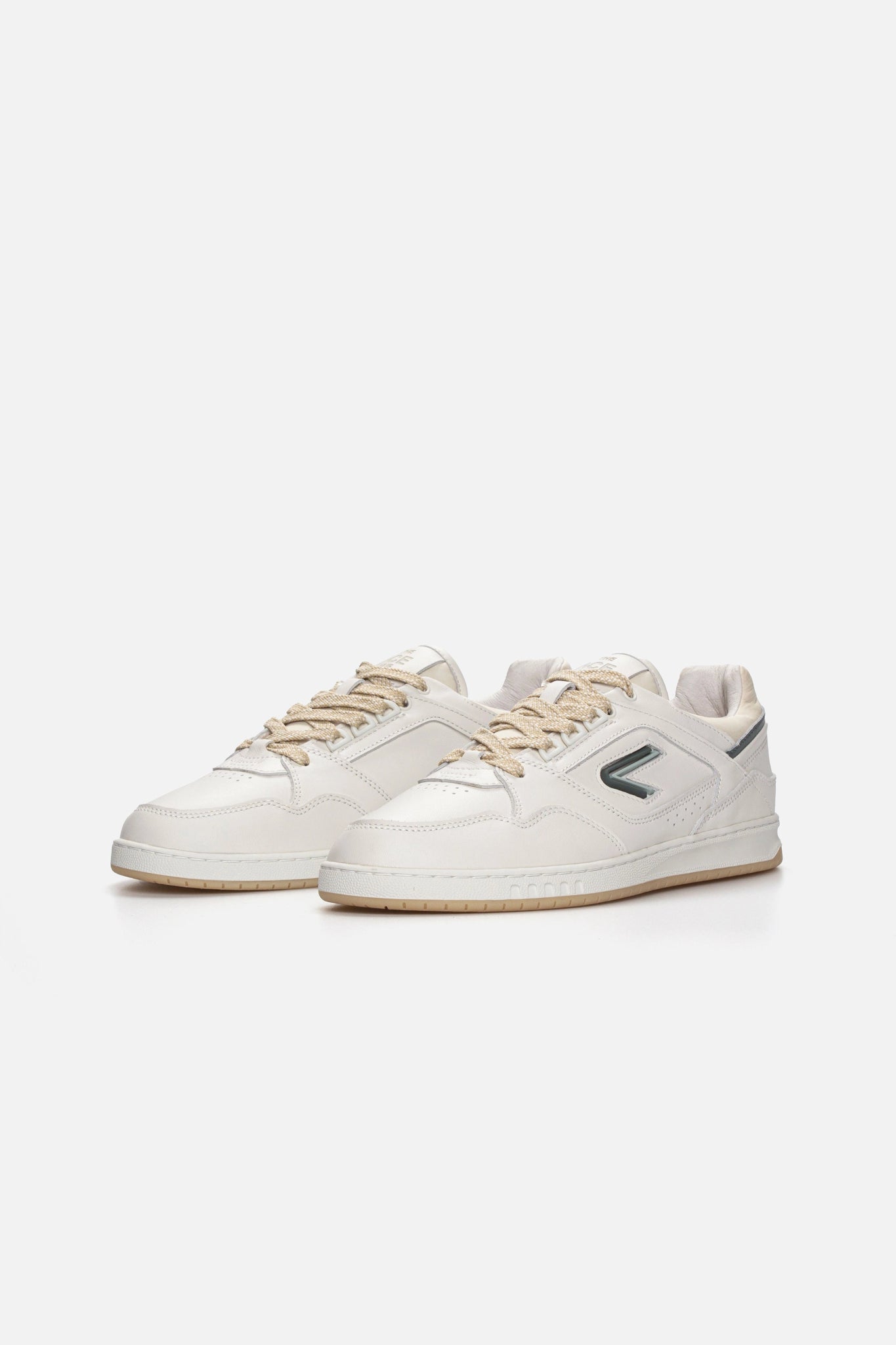 Side view of The ACE Hub Sprint sneaker in off-white and cucumber leather on white background