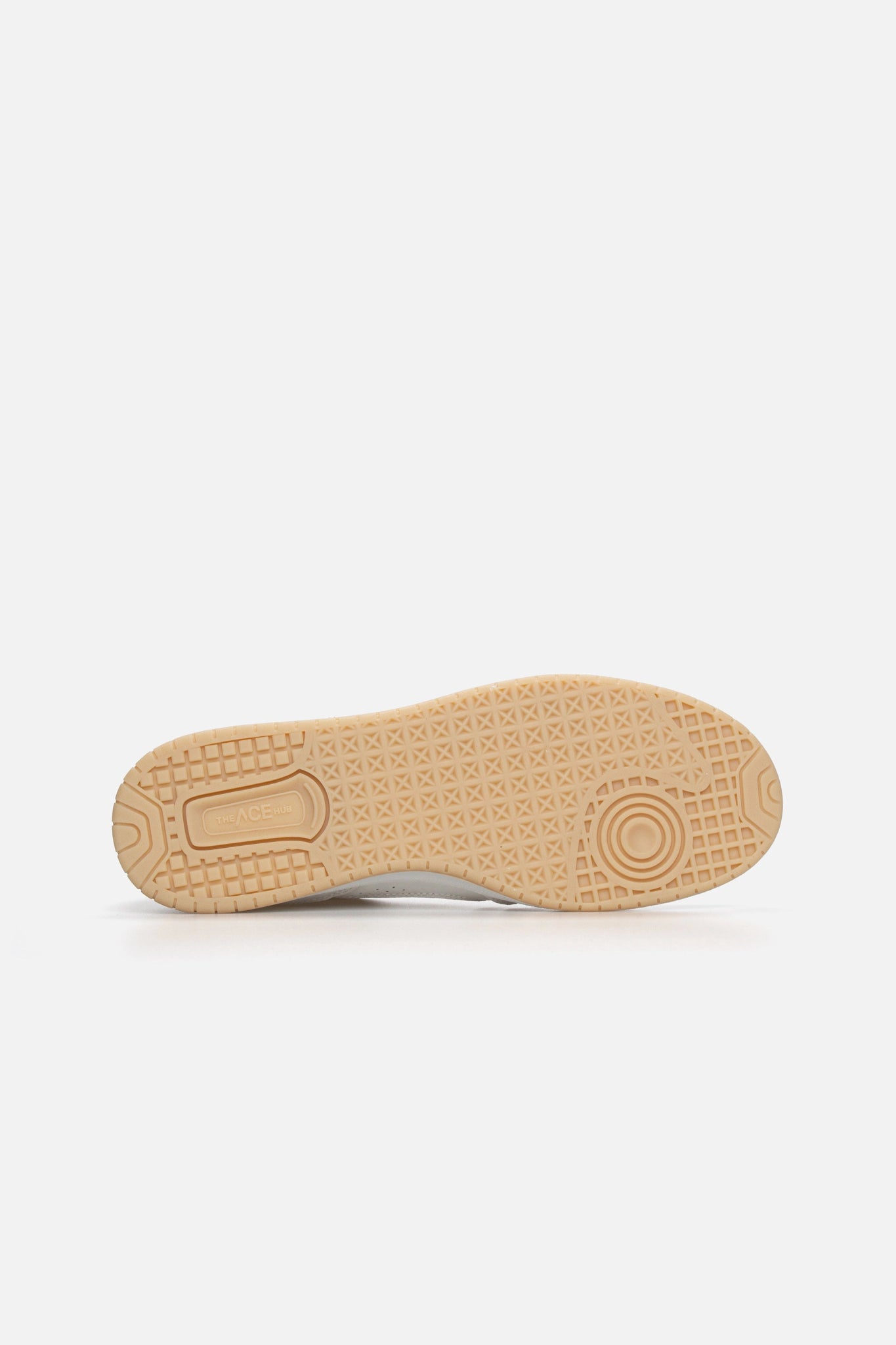 Bottom view of The ACE Hub Sprint sneaker in off-white and cucumber leather on white background