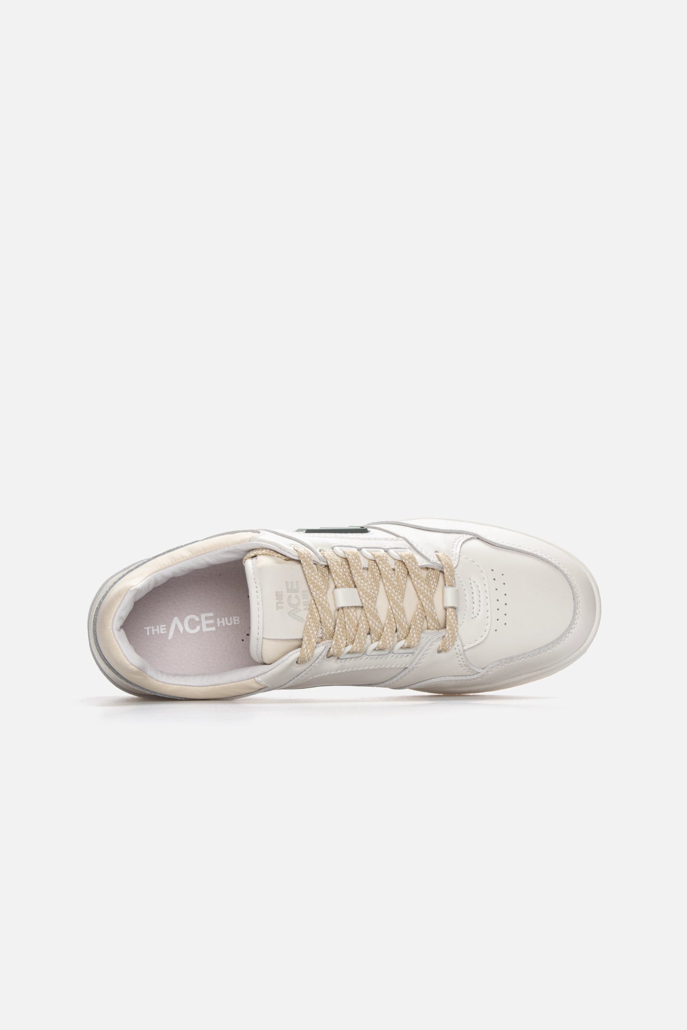 Top view of The ACE Hub Sprint sneaker in off-white and cucumber leather on white background